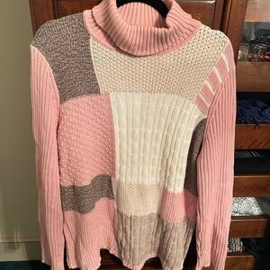 Liz & Co. Patchwork Pink and Cream Women's Turtleneck Sweater